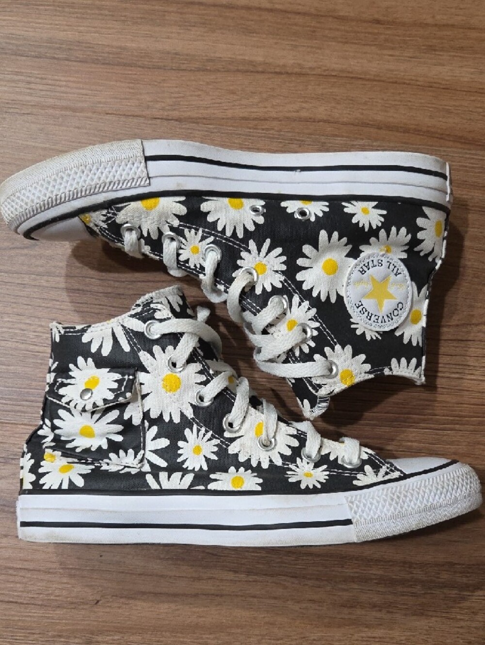Converse High Top Sneakers - Black with White & Yellow Daisy Print - Picture 2 of 8
